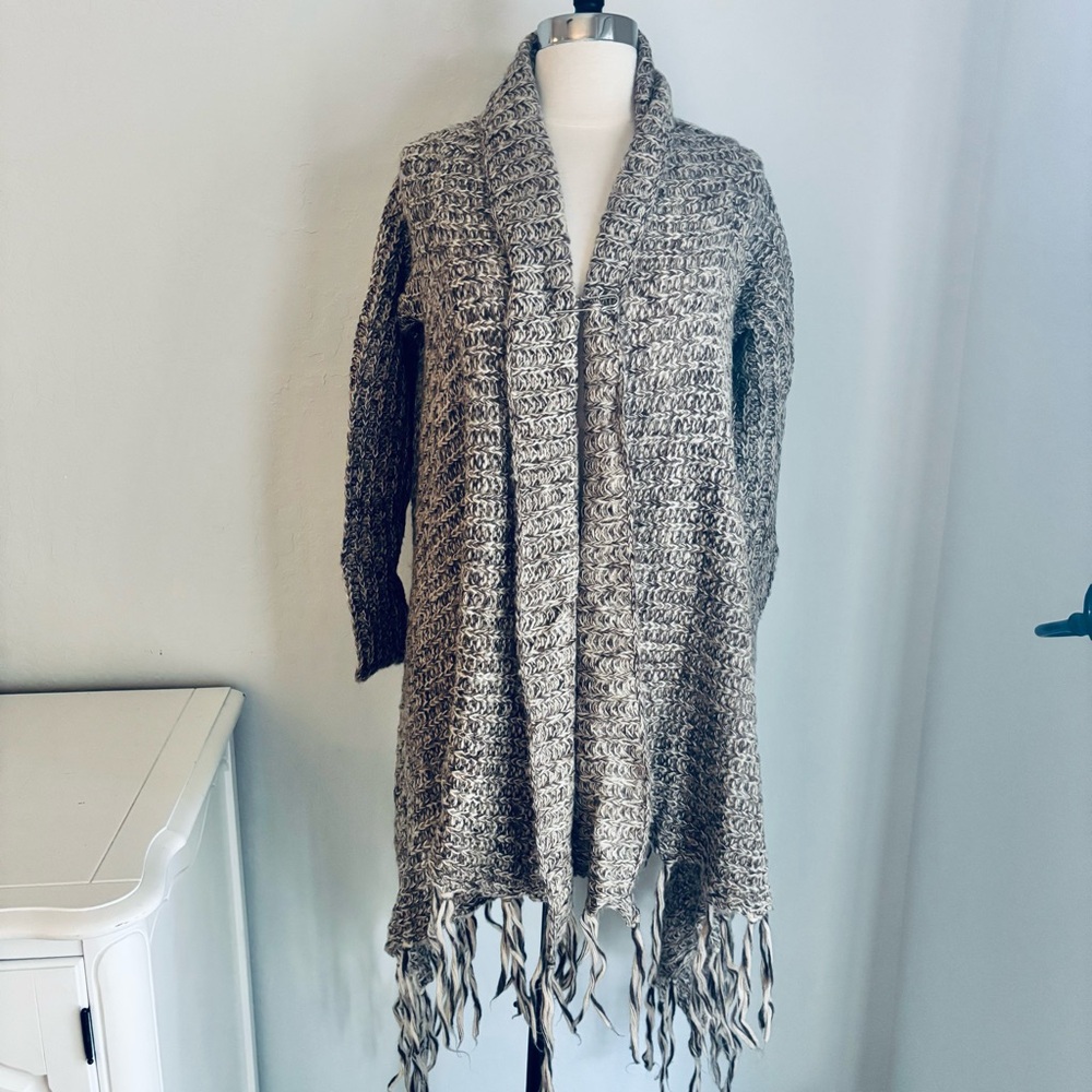 Mixed Knit Open Front Cardigan Sweater with Fringe Hem, Size Medium, Brown Gray